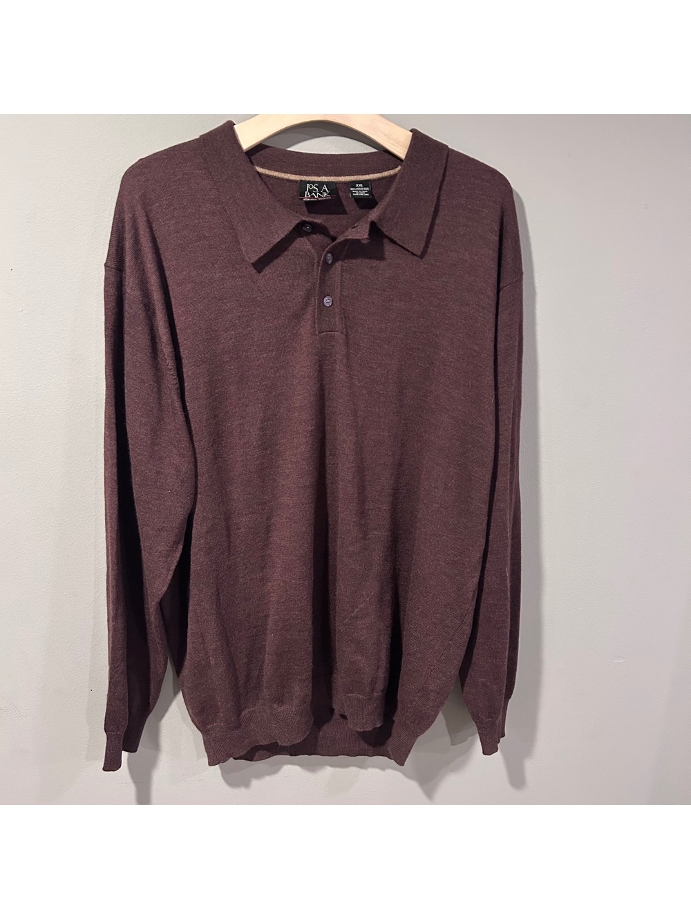 Jos A Bank Merino Wool Sweater Brown Men Soft! XXL EUC Collared Long Sleeve Polo